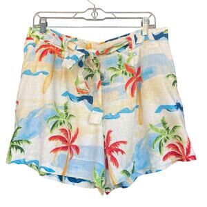 C&C‎ California Womens Shorts Size 14 Tropical Palm Leaf 100% Linen Pull-On